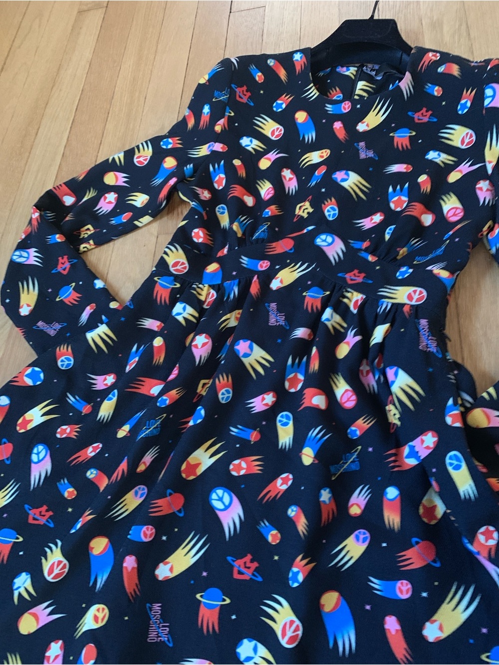 Love Moschino Black Rocket-Print Long Sleeve Dress